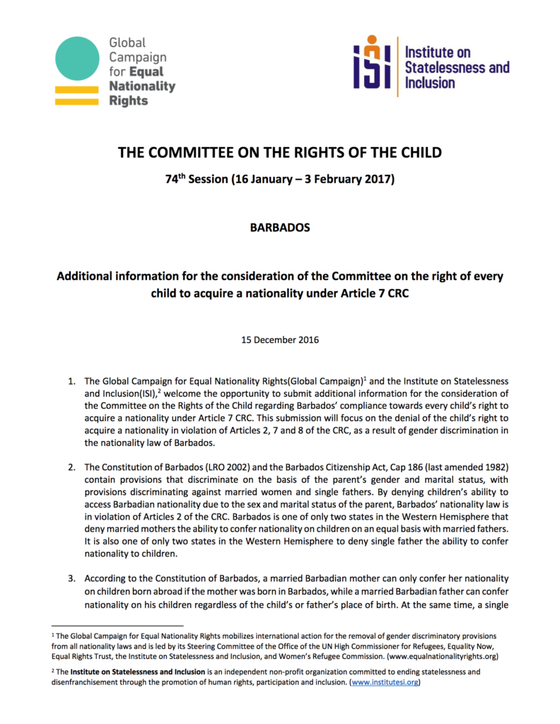 Barbados Submission to the Committee on the Rights of the Child