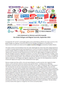 Joint Statement on Women & Girls towards the Global Refugee & Migrant Summits
