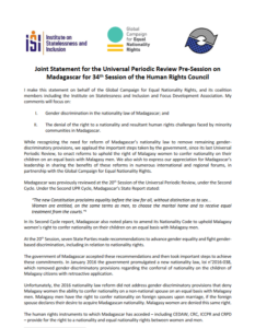 Submission for the Universal Periodic Review of Madagascar: Gender Discrimination in the Nationality Law